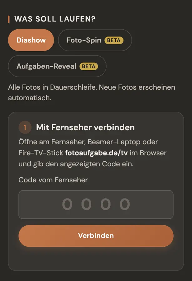 Diashow-Bereich der Event-Verwaltung am Handy: Auswahl „Was soll laufen?“ und Feld „Code vom Fernseher“