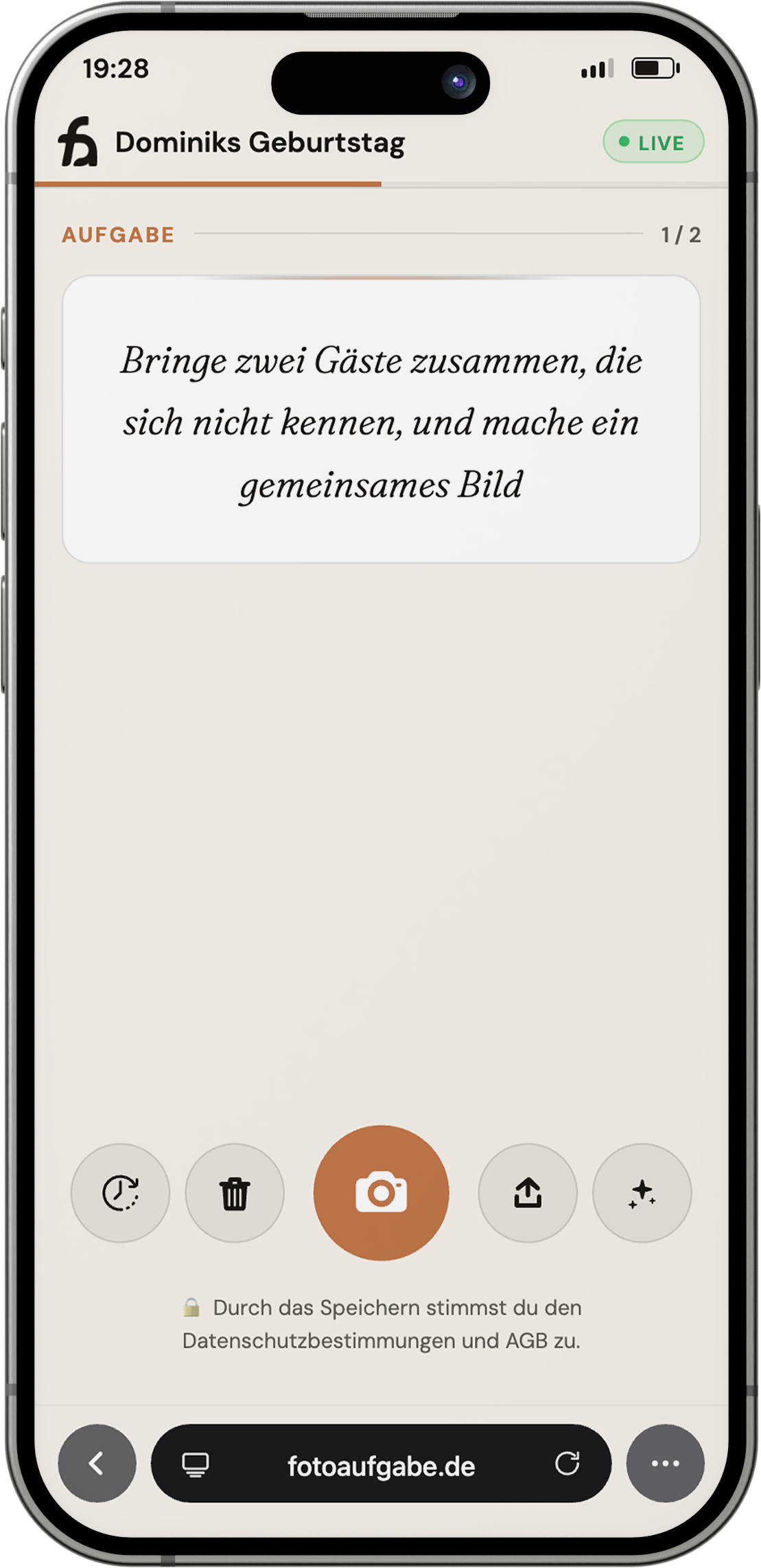 Smartphone-Ansicht des Fotoaufgaben-Spiels: Gäste lösen Fotoaufgaben direkt im Browser ohne App
